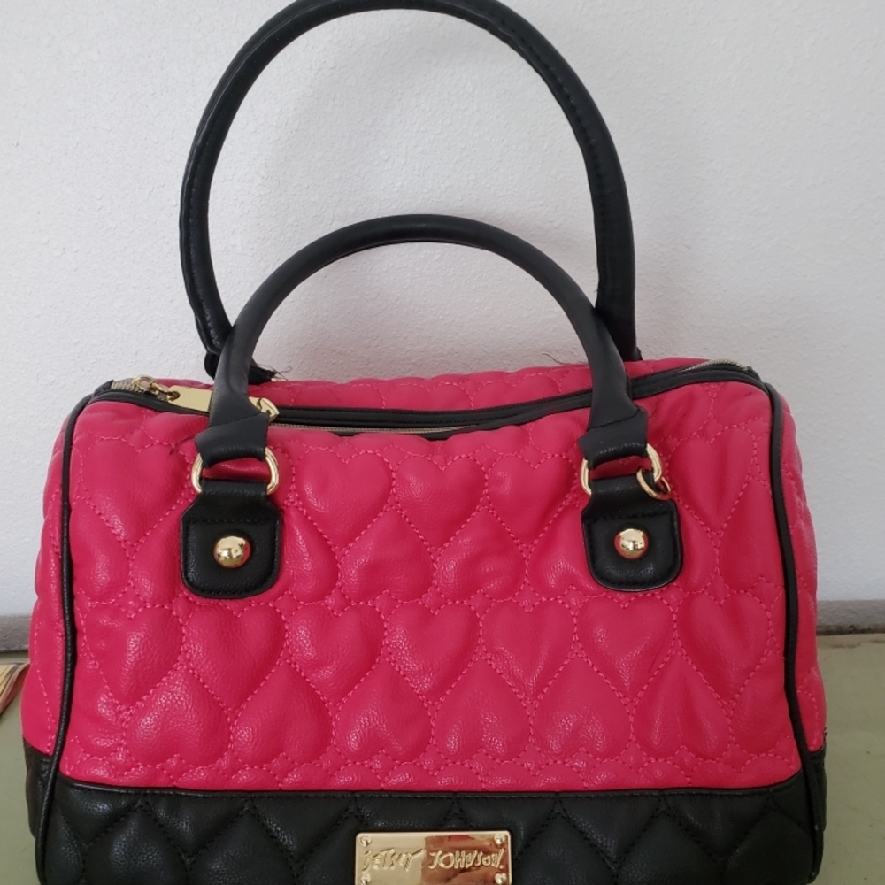 Betsey Johnson Heart Quilted Pink and Black Satchel
